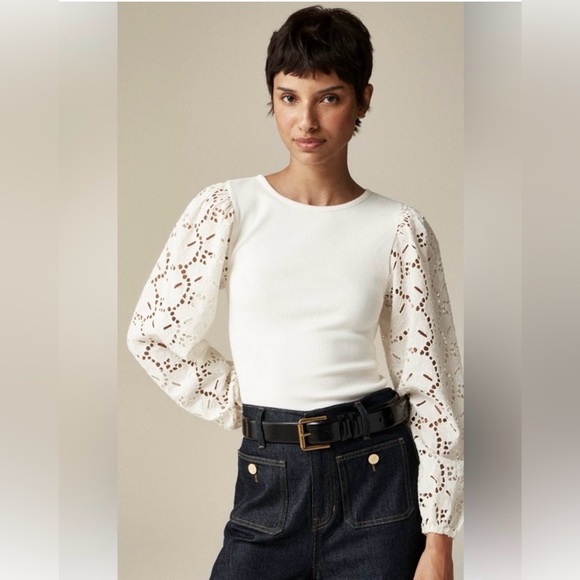 J. Crew Tops - J. Crew White Blouse with eyelet Lace Sleeves size small